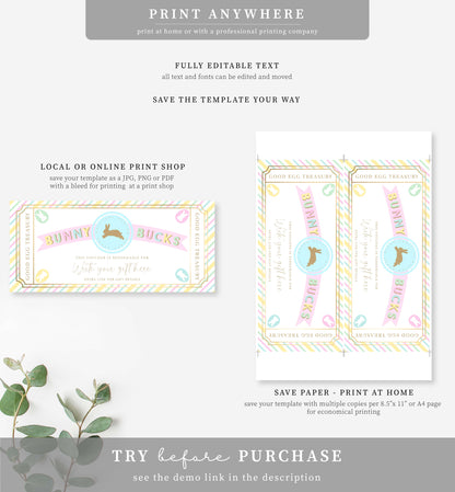 Stripe Pastel Multi | Printable Easter Bunny Bucks Voucher Template