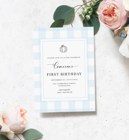 Gingham Blue Pumpkin | Printable Birthday Invitation