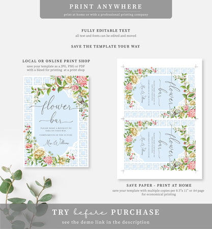 Trianon Blue | Printable Flower Bar Sign Template