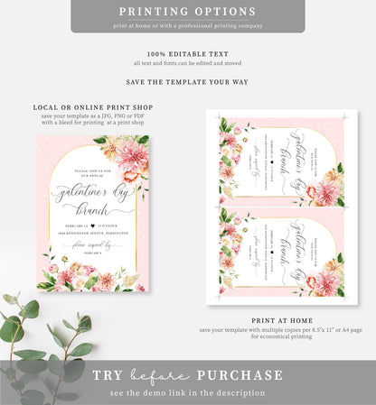 Quinn Floral Pink | Printable Galentine's Brunch Invitation Template