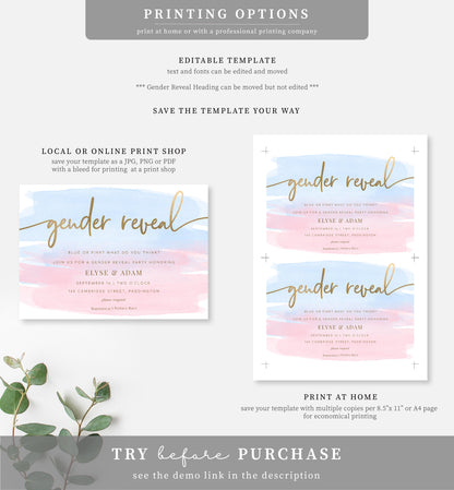 Watercolour Pink Blue | Printable Gender Reveal Invitation