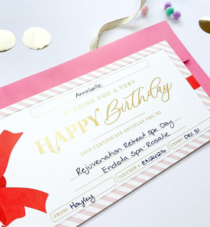 Stripe Pink Red | Birthday Gift Voucher