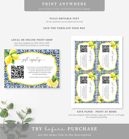 Positano Lemons | Printable QR Code Gift Registry Card Template