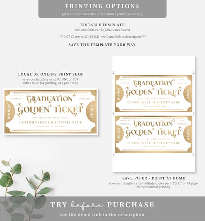 Golden Ticket Gold | Printable Graduation Custom Gift Voucher Template