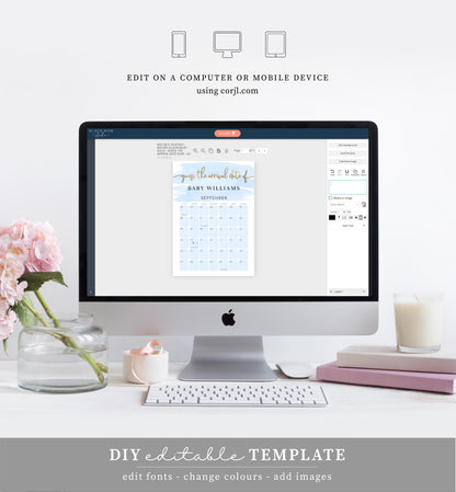 Watercolour Blue | Printable Arrival Date Baby Shower Game Sign