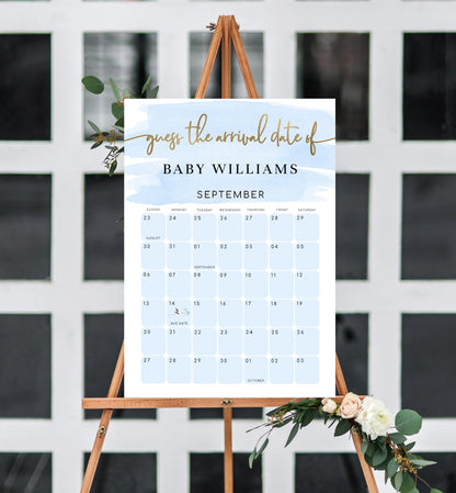 Watercolour Blue | Printable Arrival Date Baby Shower Game Sign