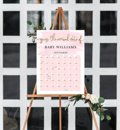 Watercolour Pink | Printable Arrival Date Baby Shower Game Sign