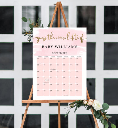 Watercolour Pink | Printable Arrival Date Baby Shower Game Sign