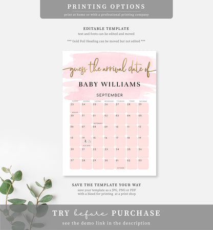 Watercolour Pink | Printable Arrival Date Baby Shower Game Sign