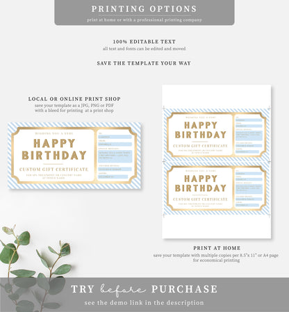 Stripe Blue White | Printable Custom Gift Voucher