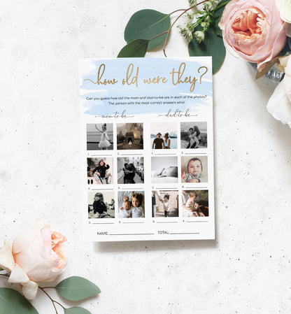 Watercolour Blue | Printable How Old Were They Photo Baby Shower Game Template