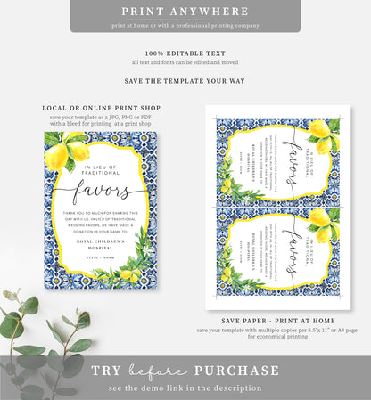 Positano Blue Tile Lemons | Printable In Lieu Of Favours Sign Template