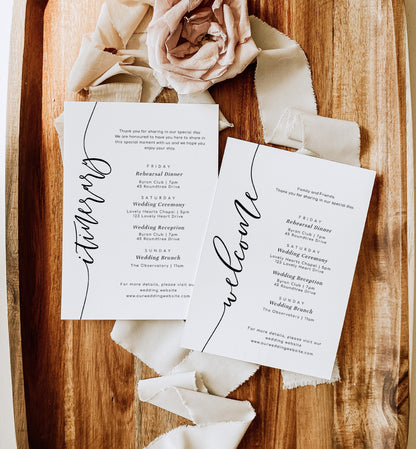 Lucas Script White | Printable Itinerary & Welcome Card Template