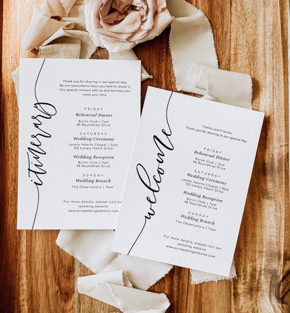 Lucas Script White | Printable Itinerary & Welcome Card Template