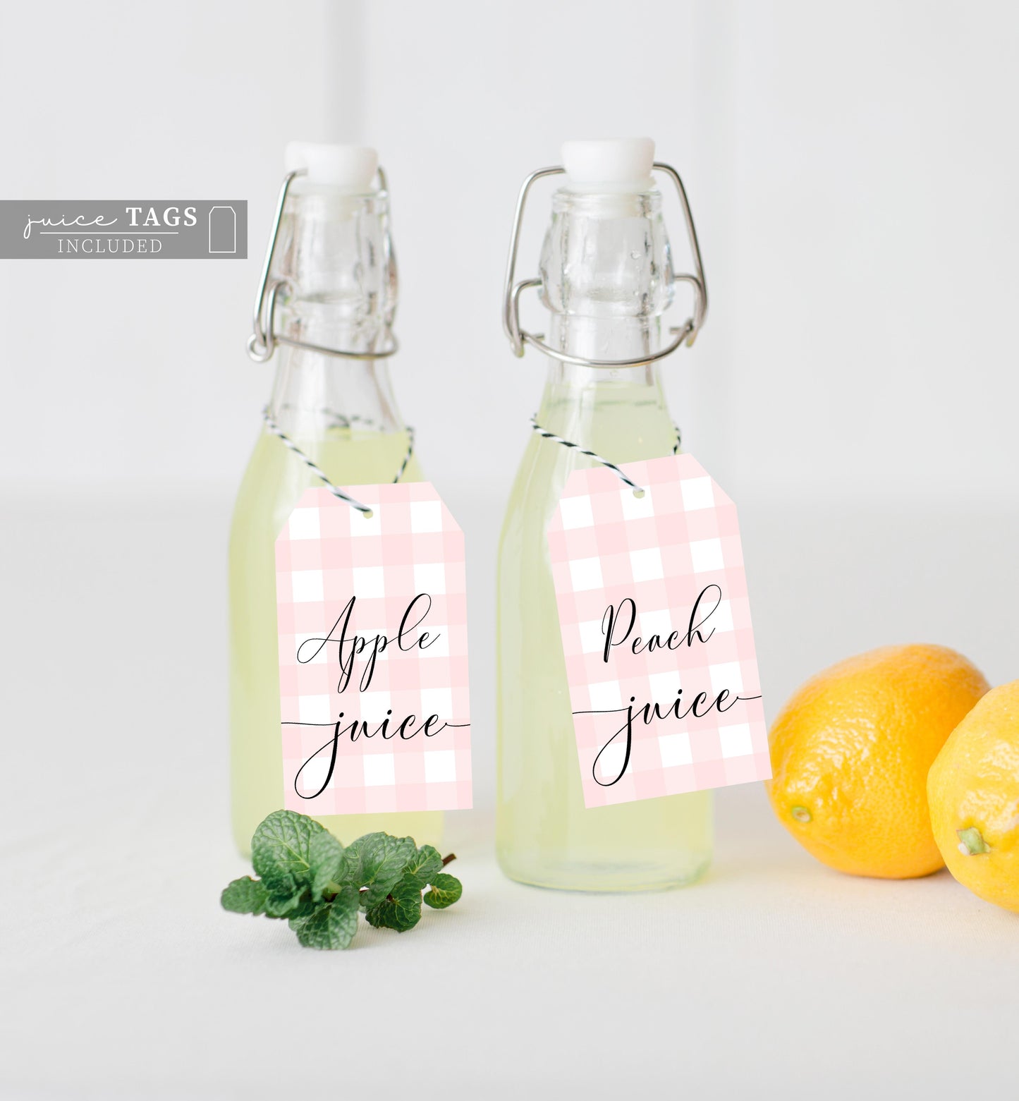 Gingham Pink | Printable Mimosa Bar Sign and Juice Tags