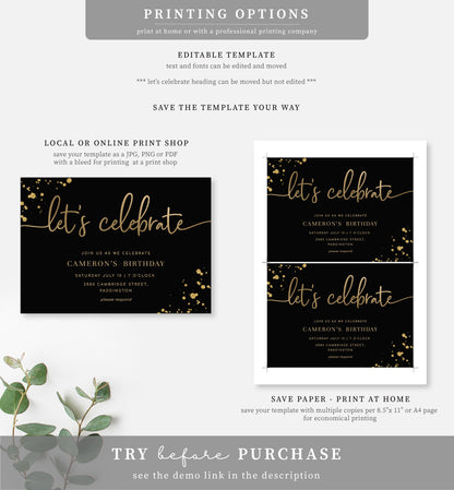 Paintly Black Gold | Printable Let's Celebrate Birthday Invitation