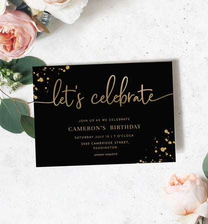 Paintly Black Gold | Printable Let's Celebrate Birthday Invitation