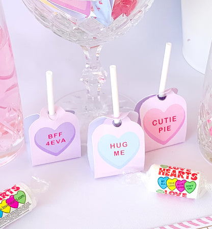 Convo Hearts Pink | Printable Sweetheart Valentine Lollipop Tag Template