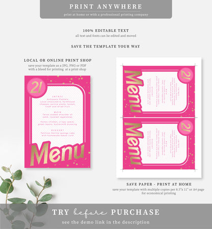 Barbie Party Hot Pink Gold | Printable Menu Template