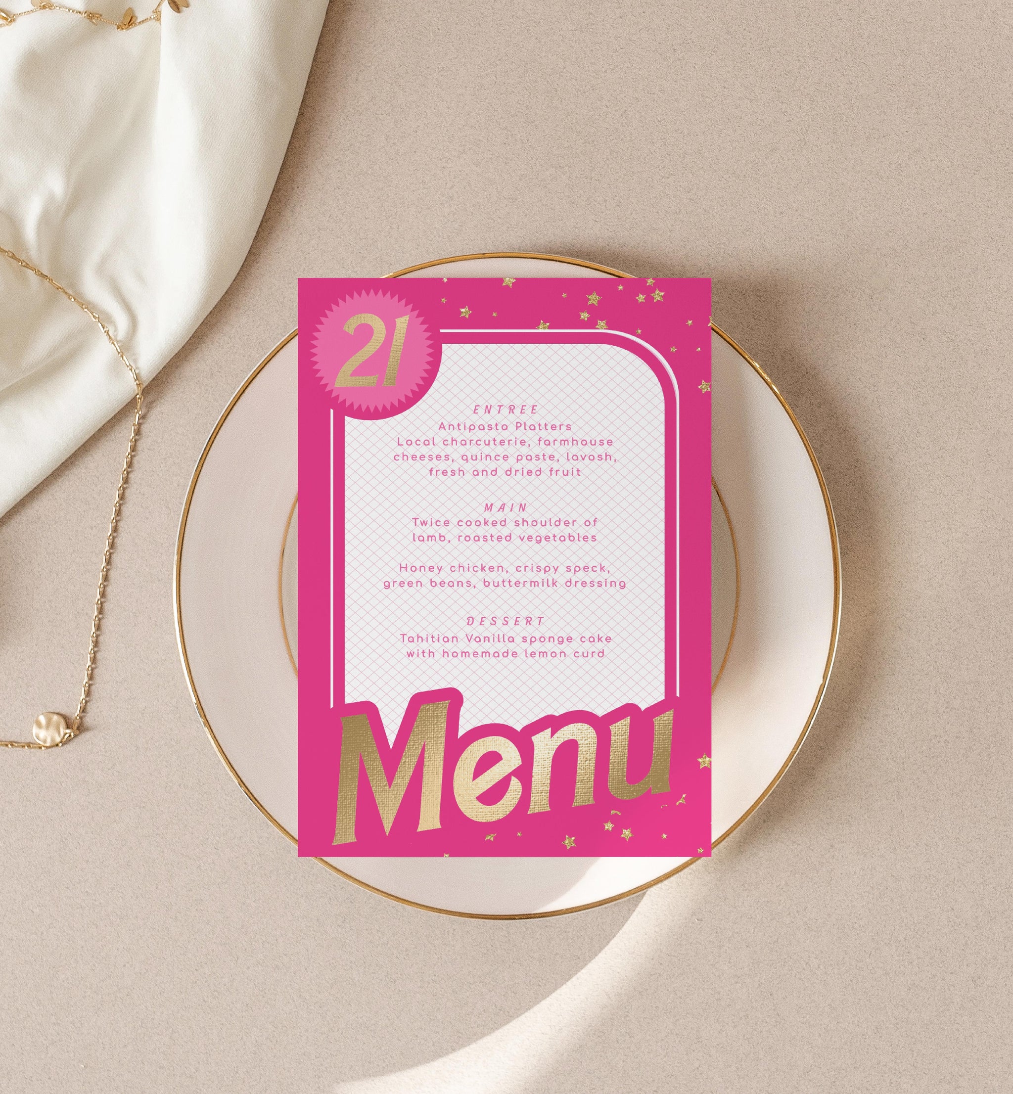 Barbie Party Hot Pink Gold | Printable Menu Template – Black Bow Studio