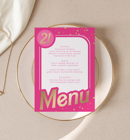 Barbie Party Hot Pink Gold | Printable Menu Template