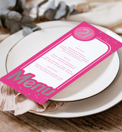 Barbie Party Hot Pink Silver | Printable Menu Template