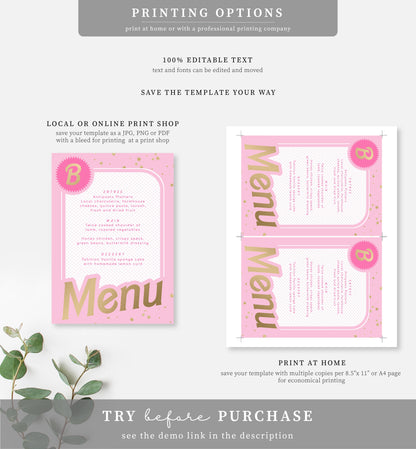 Barbie Party Pink Gold | Printable Menu Template