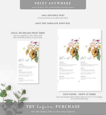 Mews Floral White | Printable Menu Template