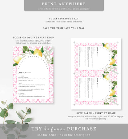 The Med Arch Pink Lemons | Printable Menu Template