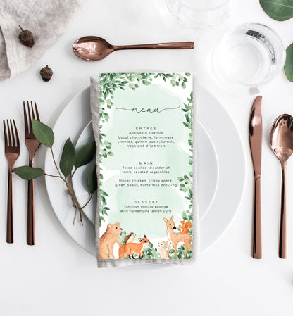 Woodland Animals Green | Printable Menu