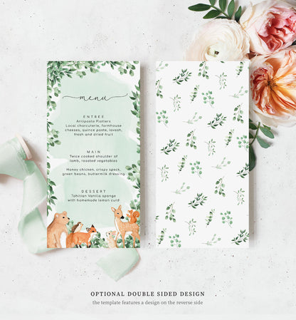 Woodland Animals Green | Printable Menu