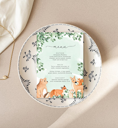 Woodland Animals Green | Printable Menu