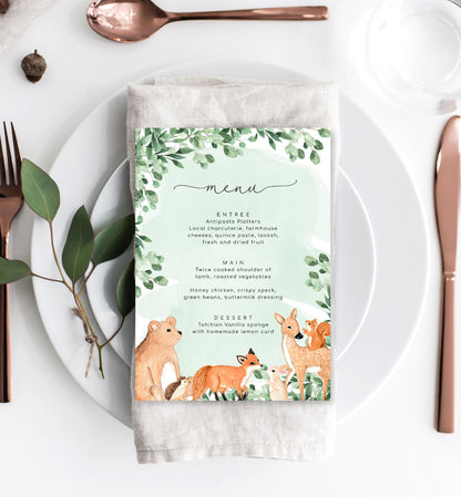 Woodland Animals Green | Printable Menu