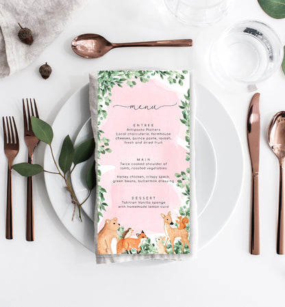 Woodland Animals Pink | Printable Menu