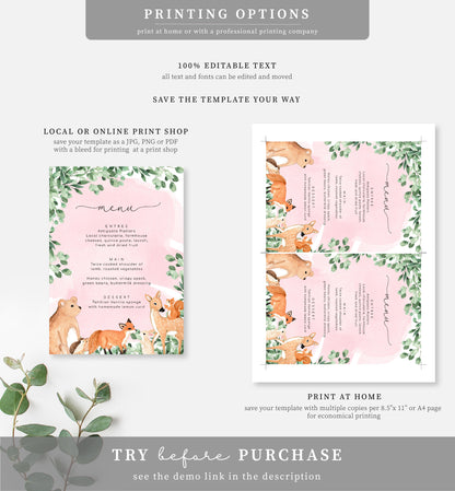 Woodland Animals Pink | Printable Menu