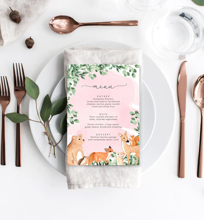 Woodland Animals Pink | Printable Menu