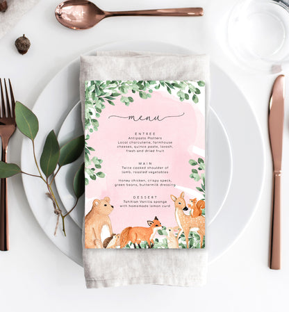 Woodland Animals Pink | Printable Menu