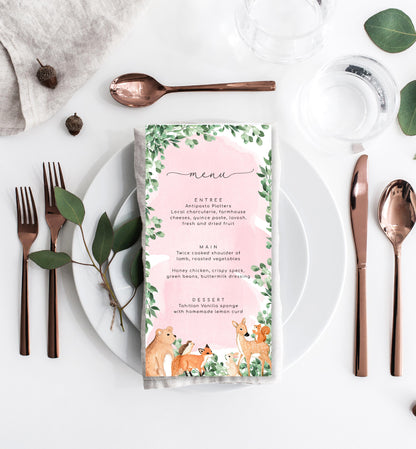 Woodland Animals Pink | Printable Menu