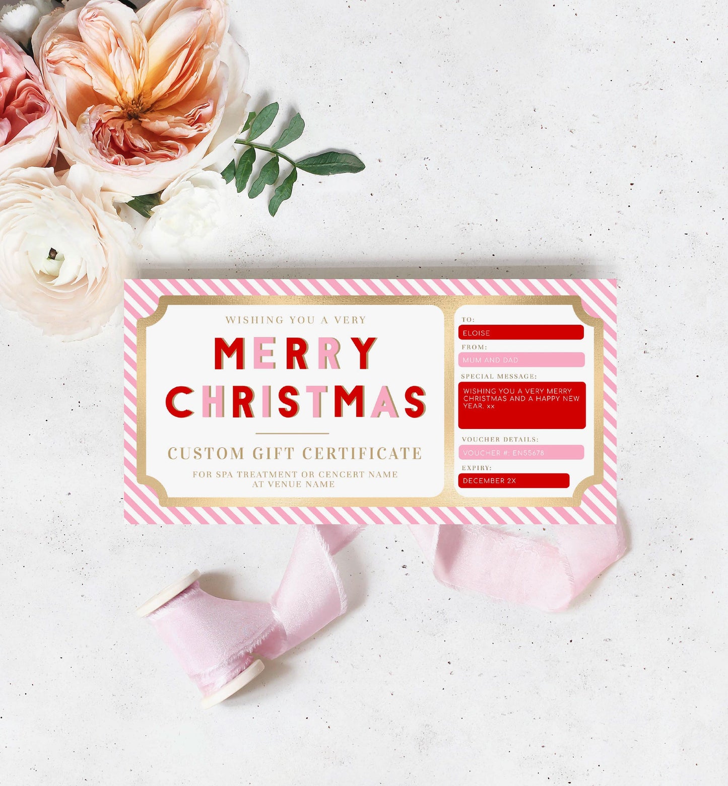 Stripe Red Pink | Printable Christmas Custom Gift Voucher