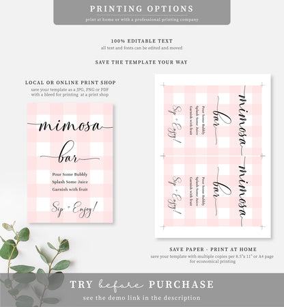 Gingham Pink | Printable Mimosa Bar Sign and Juice Tags