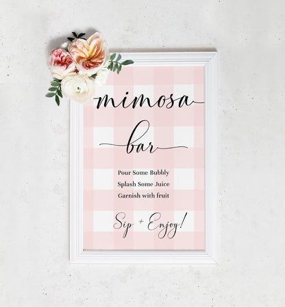 Gingham Pink | Printable Mimosa Bar Sign and Juice Tags