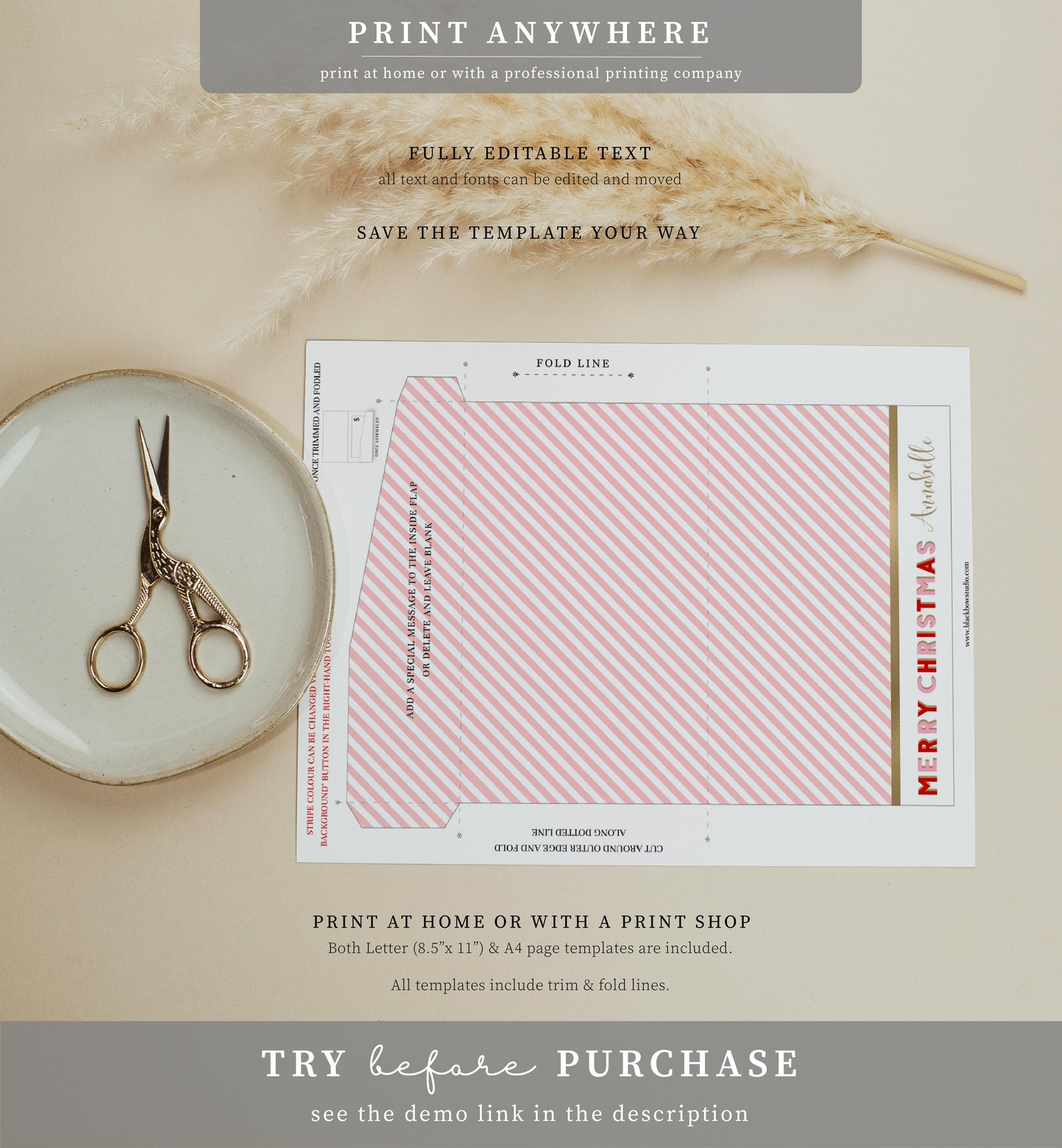 Stripe Pink | Printable Christmas Money Wallet Template