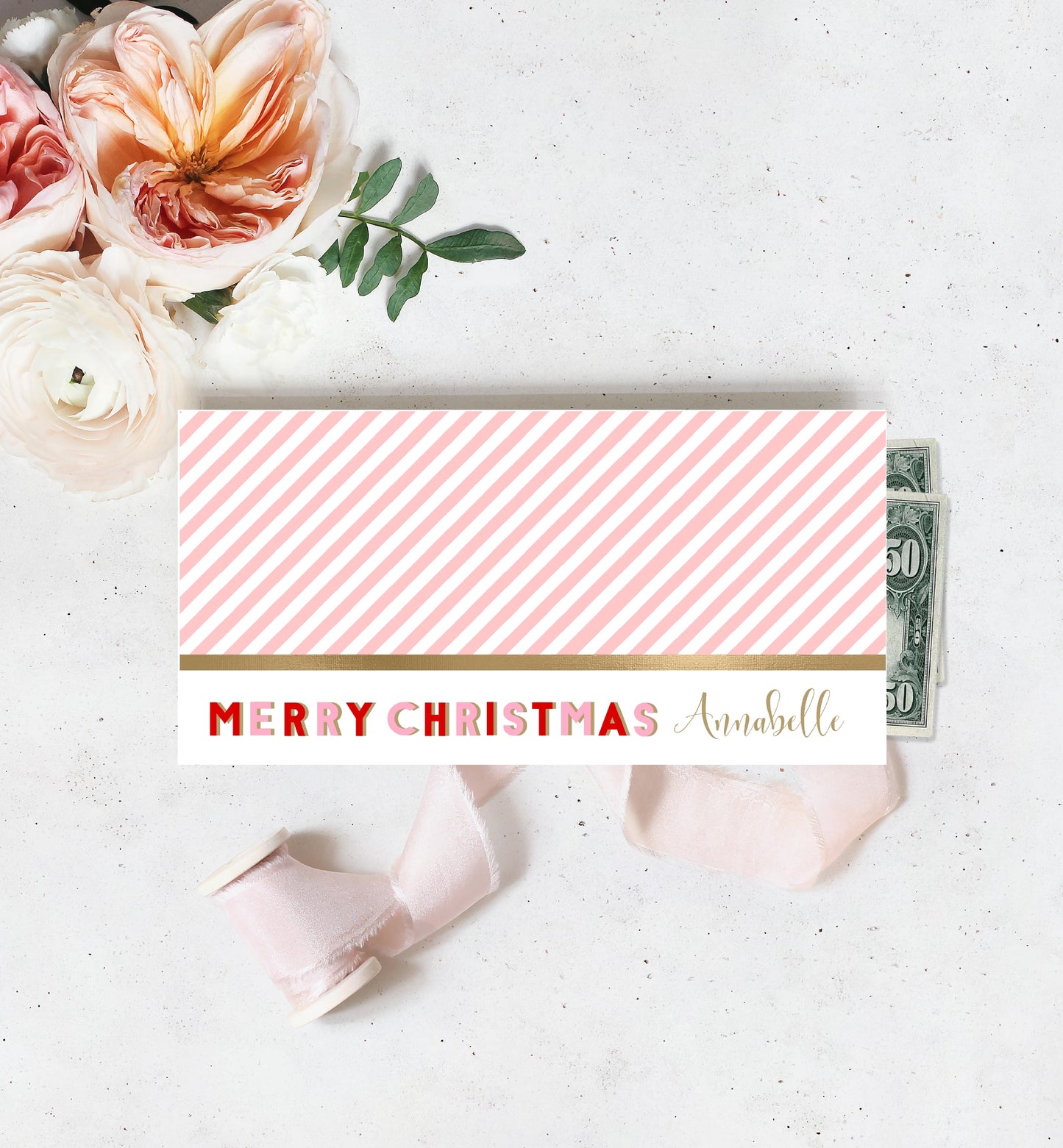 Stripe Pink | Printable Christmas Money Wallet Template