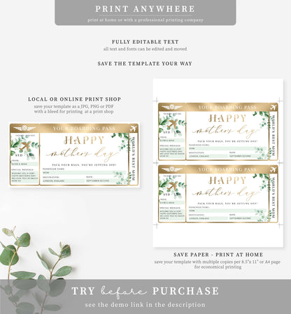 Ferras Green | Printable Mother's Day Custom Boarding Pass Template