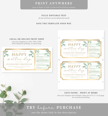 Ferras Green | Printable Mother's Day Custom Gift Voucher Template