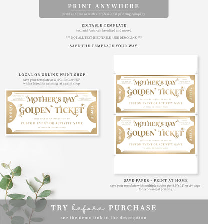 Golden Ticket Gold | Printable Mother's Day Custom Gift Voucher Template