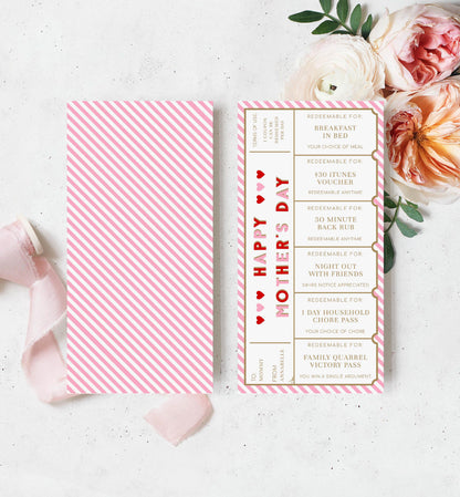 Stripe Red Pink | Printable Mother's Day Custom Love Coupons