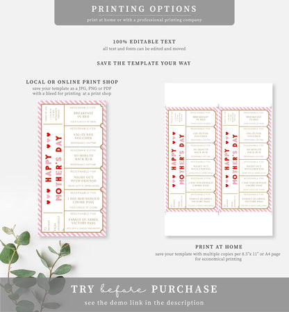 Stripe Red Pink | Printable Mother's Day Custom Love Coupons