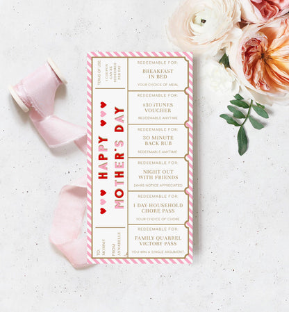 Stripe Red Pink | Printable Mother's Day Custom Love Coupons