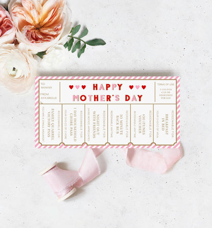 Stripe Red Pink | Printable Mother's Day Custom Love Coupons